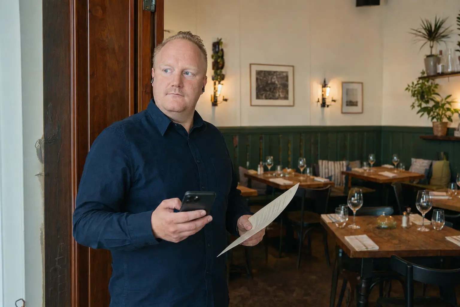 Tomáš Fekiač v restauraci s telefonem a jídelním lístkem